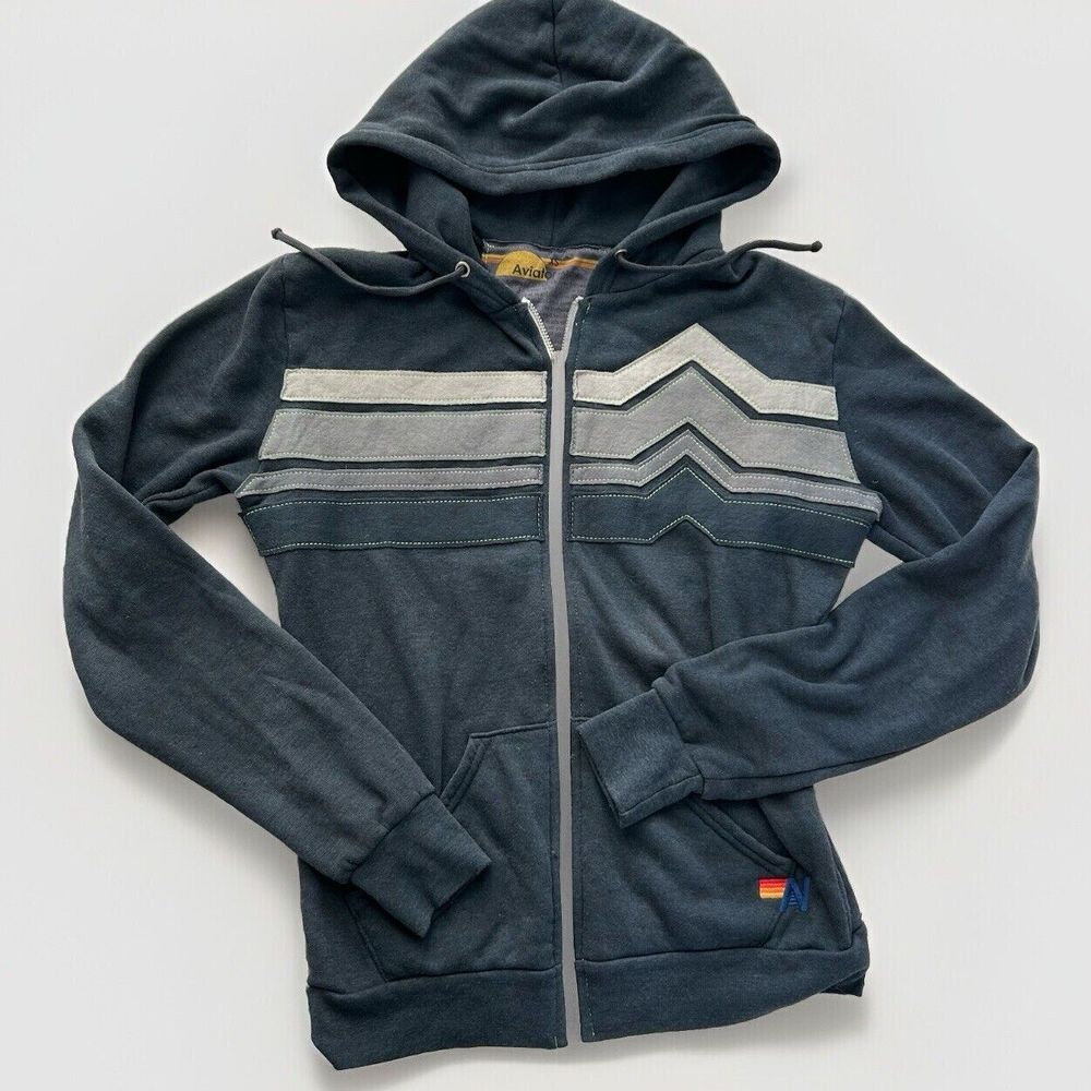 Aviator Nation Full Zip Hoodie unisex Sz XS Stripe mountain Sweatshirt Navy $189